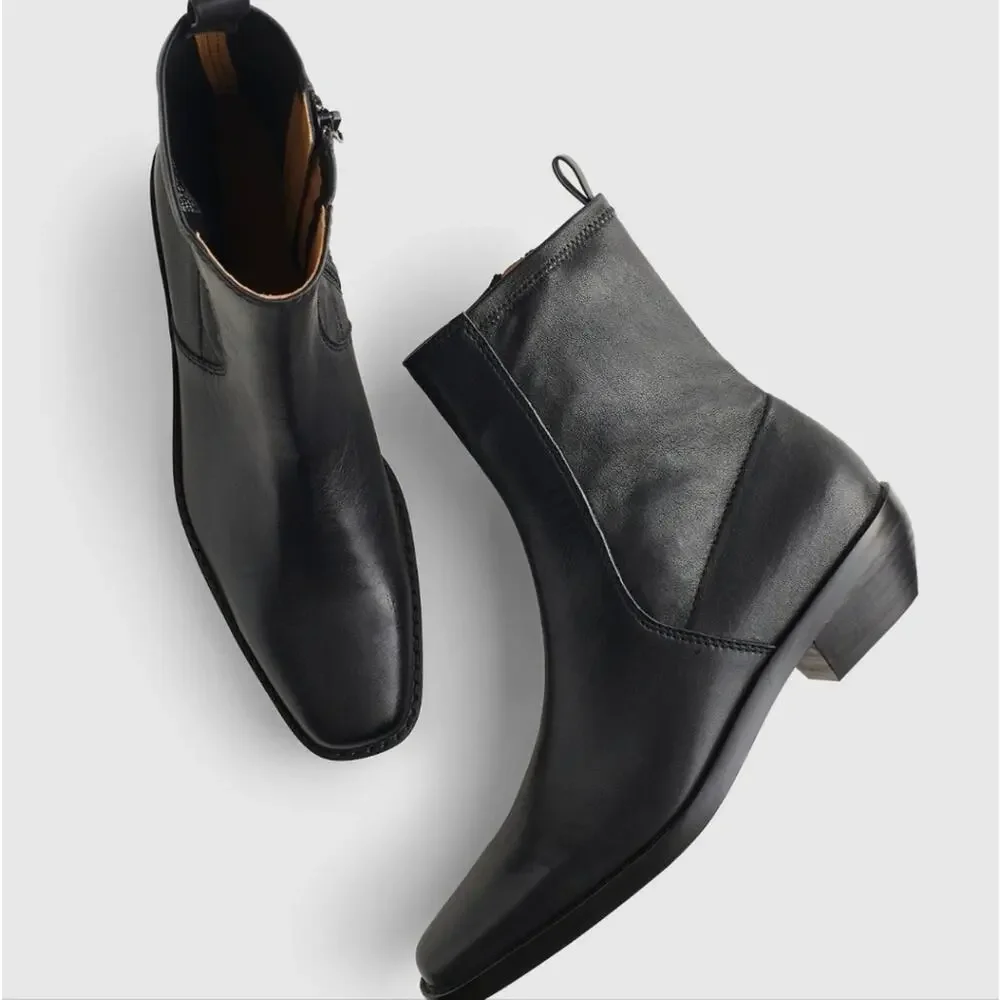 Madewell Idris True Black Leather Ankle Booties Stretchy Panel Block Heel Size 8